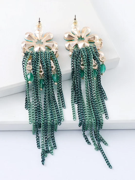 Rhinestone & Bead Decor Metal Tassel Drop Earrings - Image 3
