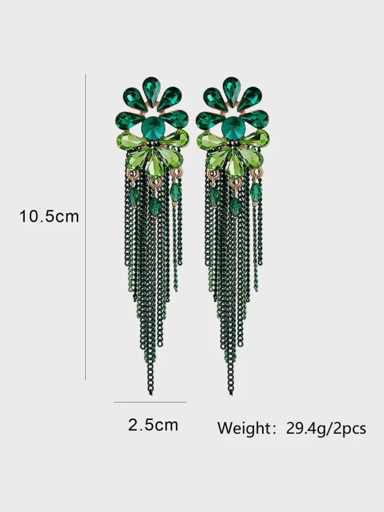 Rhinestone & Bead Decor Metal Tassel Drop Earrings - Image 2