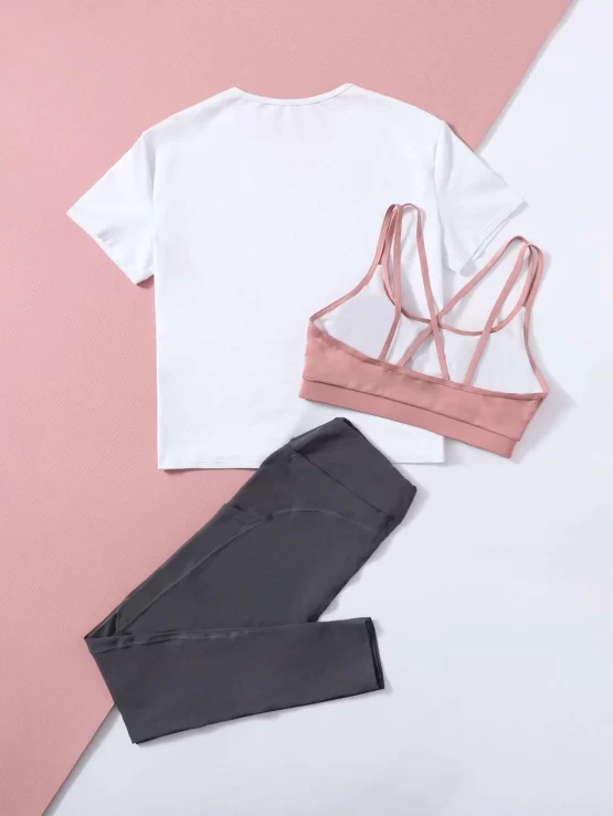 Criss Cross Back Sports Bra & Letter Graphic Sports Tee & Sports Leggings - Image 2