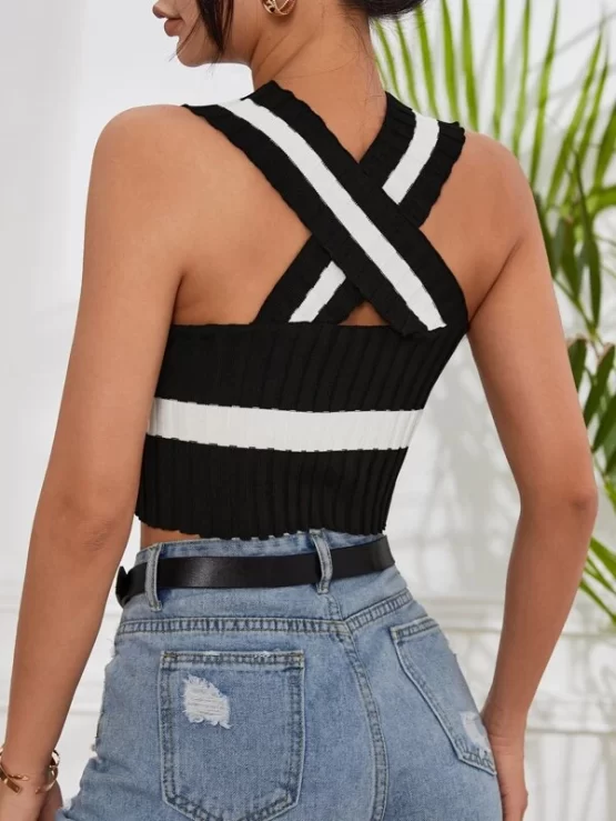 Color Block Crisscross Back Knit Halter Top - Image 4