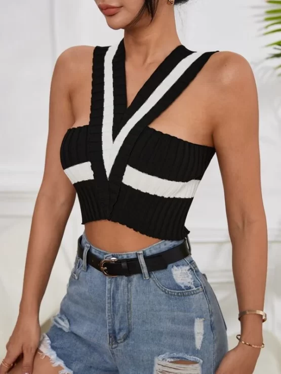 Color Block Crisscross Back Knit Halter Top - Image 5
