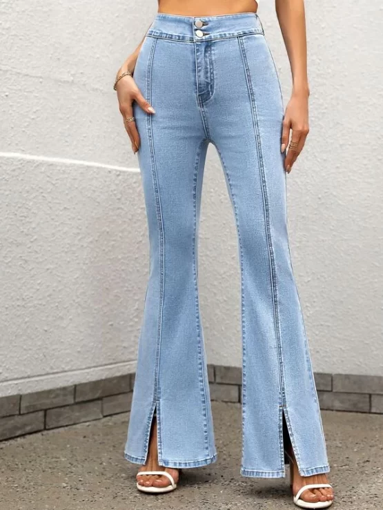 High Waist Slit Button Fly Hem Flare Leg Jeans - Image 5