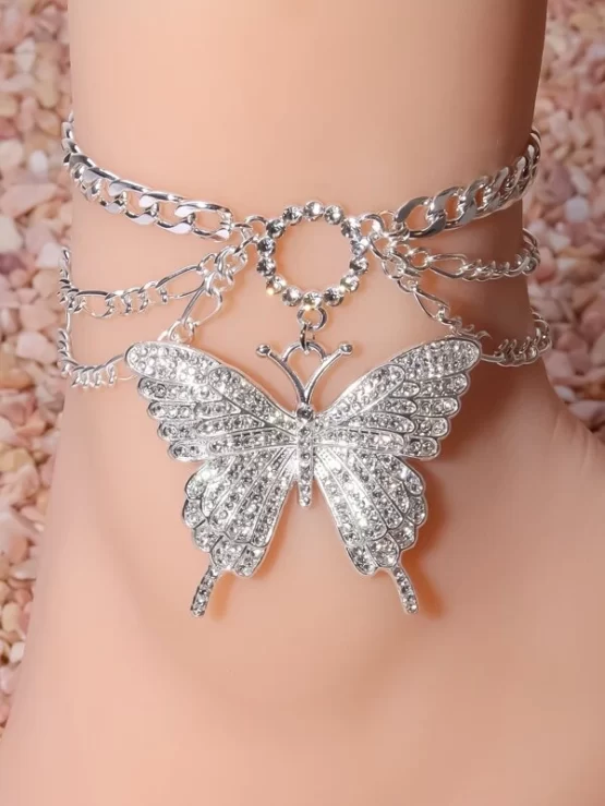 Rhinestone Butterfly Layered Charm Anklet - Image 5