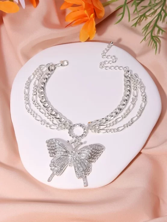 Rhinestone Butterfly Layered Charm Anklet - Image 4