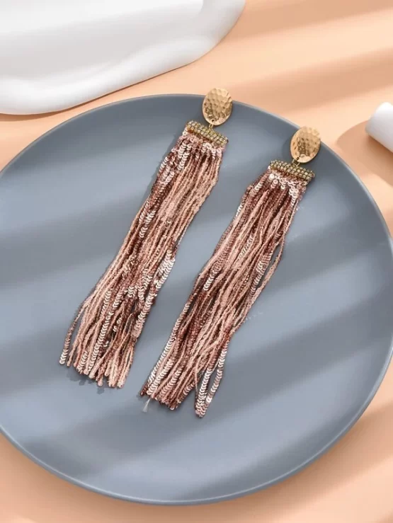 Sequin Glamorous Dangle Tassel Drop Earrings - Image 2