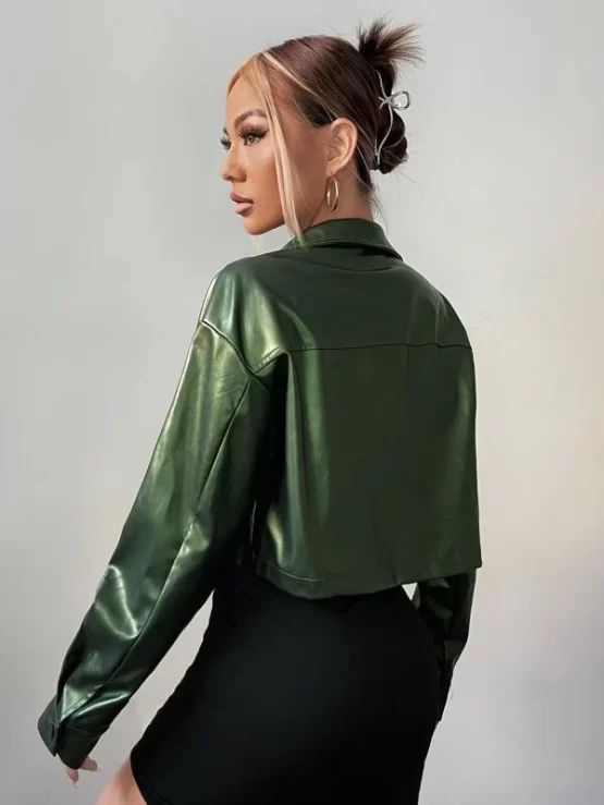 Drop Shoulder Flap Pocket PU Crop Jacket - Image 3