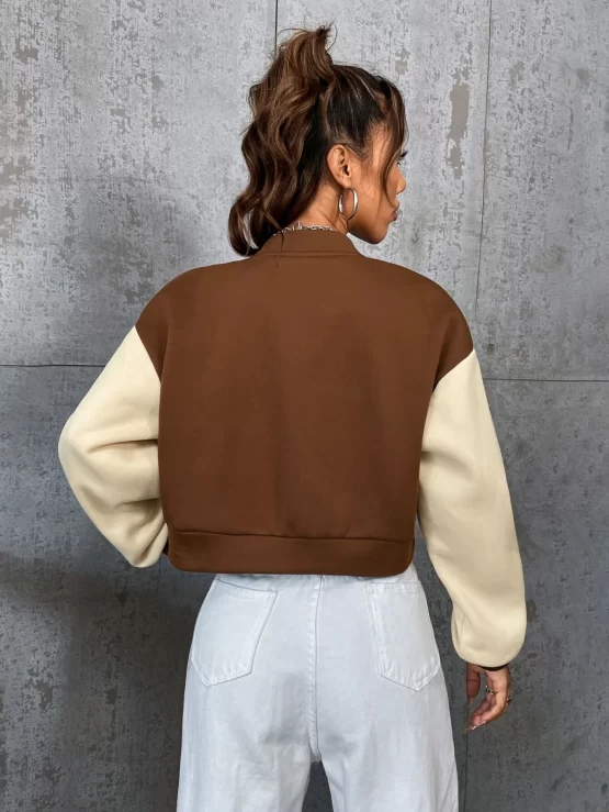 Letter Patched Colorblock Drop Shoulder Bomber Jacket - Image 2
