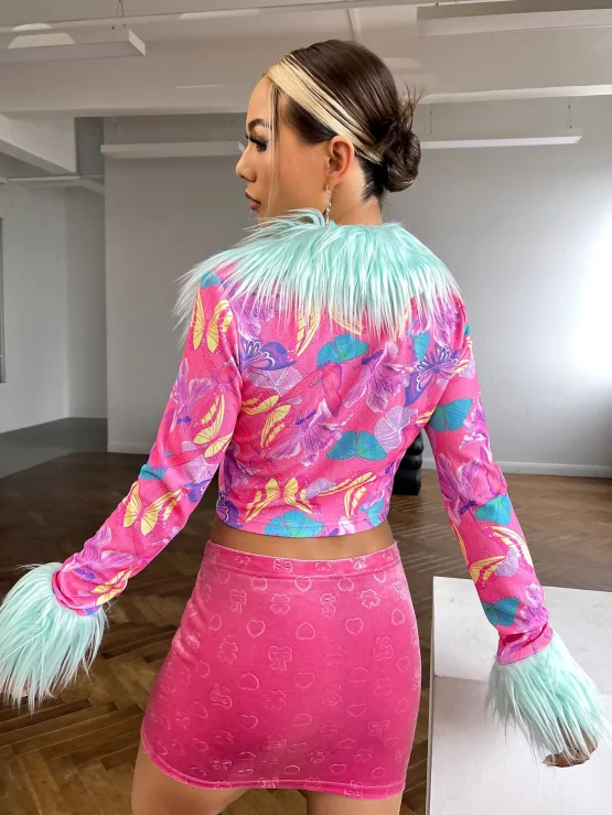 90s Butterfly Print Fuzzy Trim Frog Button Crop Jacket - Image 2