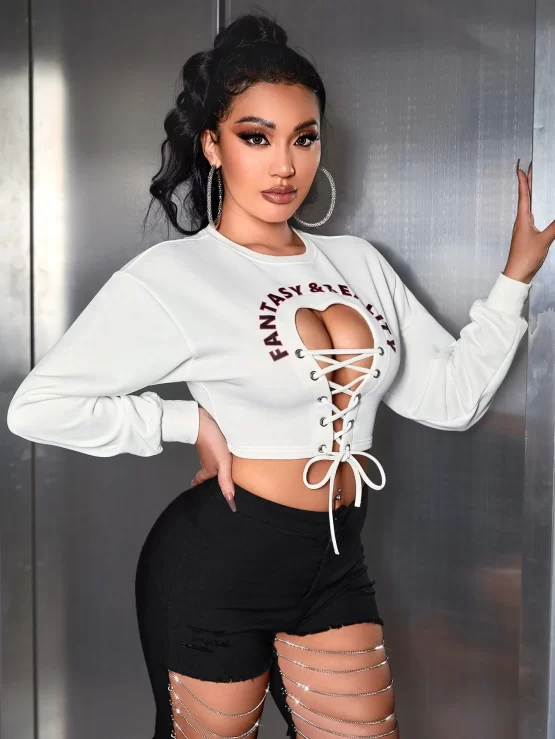 Letter Graphic Lace Up Drop Shoulder Sweatshirt - Image 3
