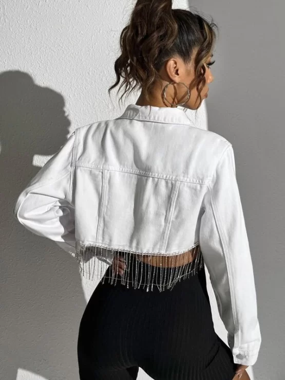 Rhinestone Fringe Trim Crop Denim Jacket - Image 2