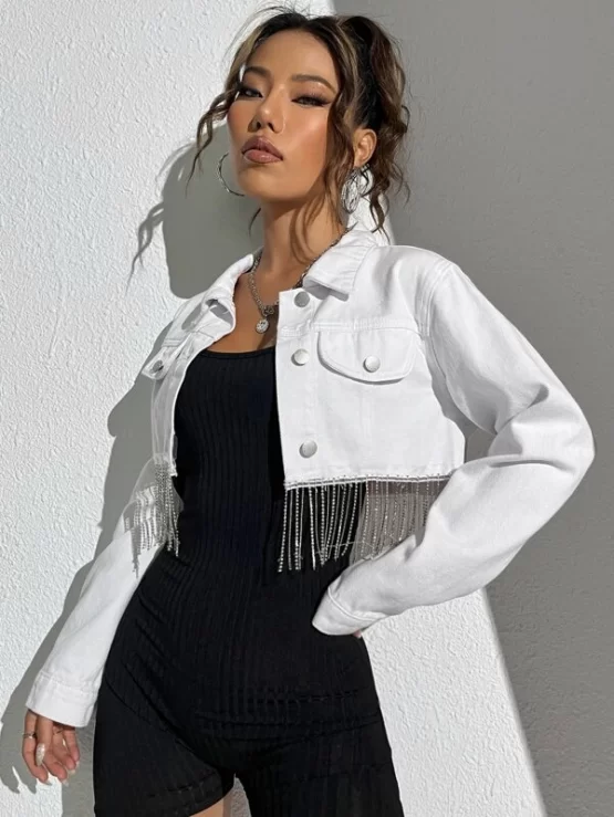 Rhinestone Fringe Trim Crop Denim Jacket - Image 3