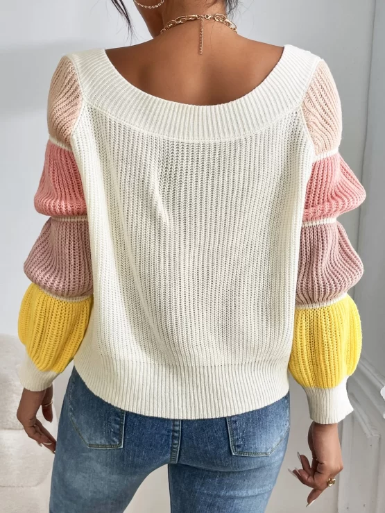 Color Block Rib Knit Gathered Sleeve Sweater - Image 3