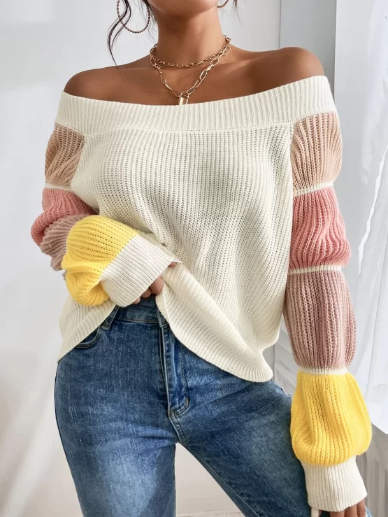Color Block Rib Knit Gathered Sleeve Sweater - Image 2