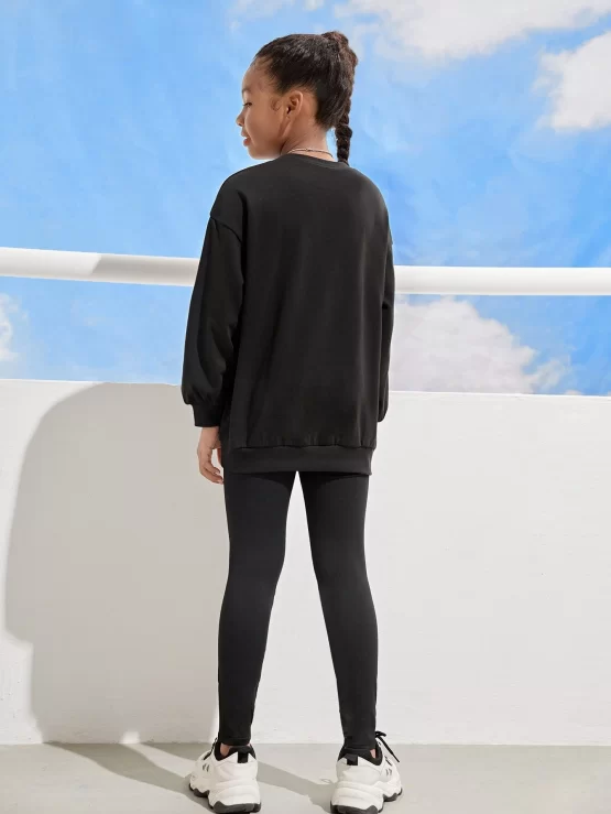 Girls Letter Patched Detail Thermal Drop Shoulder Pullover & Leggings - Image 2