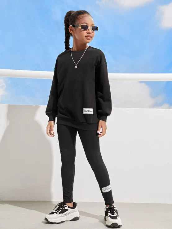Girls Letter Patched Detail Thermal Drop Shoulder Pullover & Leggings - Image 3