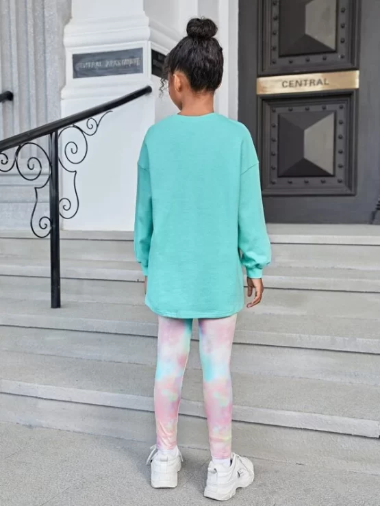 Girls Letter & Unicorn Print Drop Shoulder Hoodie & Tie Dye Leggings - Image 2