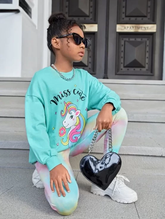 Girls Letter & Unicorn Print Drop Shoulder Hoodie & Tie Dye Leggings - Image 3
