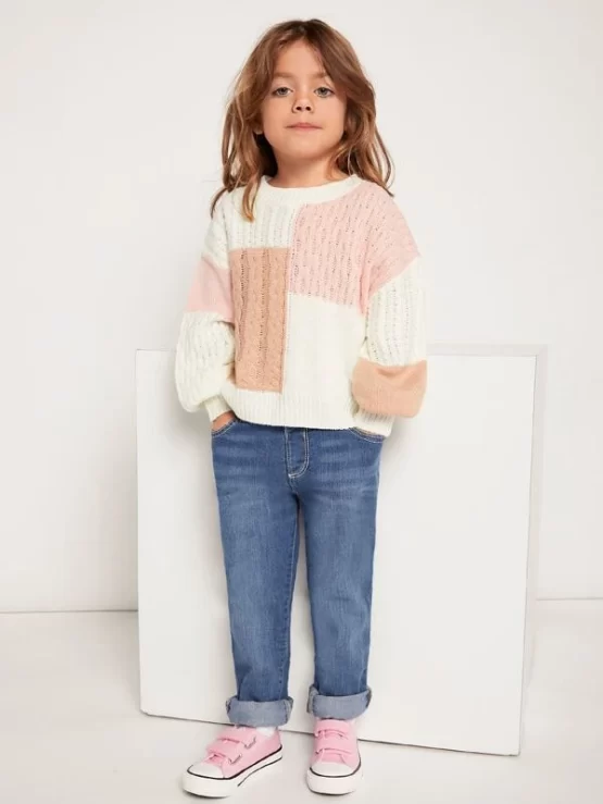 Toddler Girls Color block Cable Knit Drop Shoulder Detail Sweater - Image 3