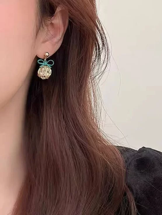 Faux Pearl Decor Hollow Out Ball & Bow Drop Earrings - Image 3