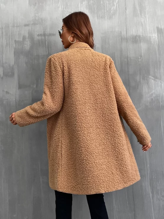Lapel Neck Open Front Teddy Coat Without Belt - Image 2