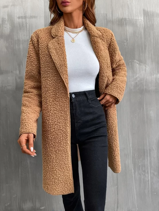 Lapel Neck Open Front Teddy Coat Without Belt - Image 3