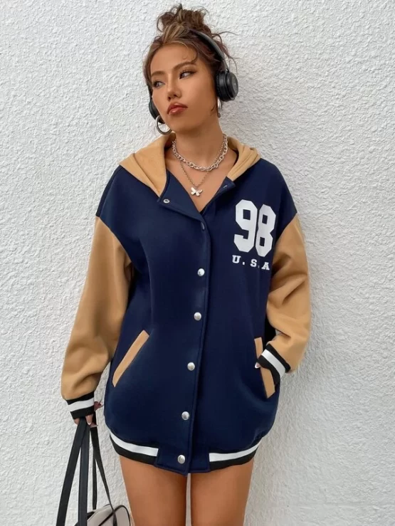 Color Block Number Print Snap Button Front Hooded Jacket - Image 2