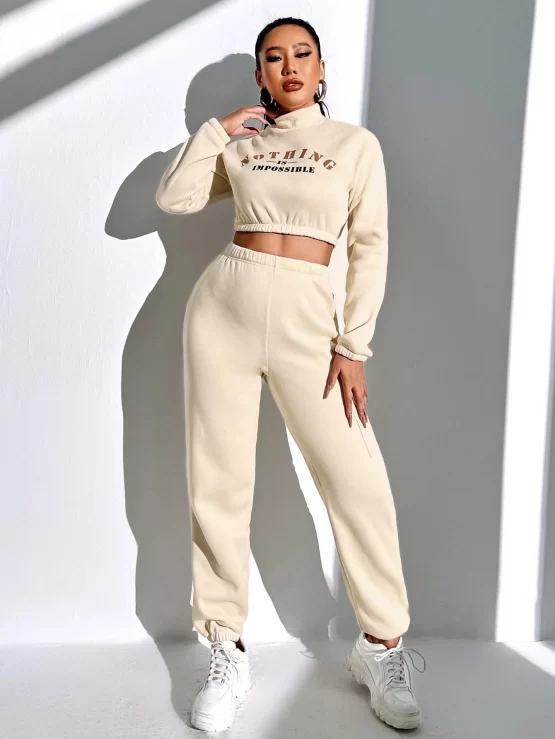 Letter Graphic Mock Neck Crop Top & Sweatpants - Image 3