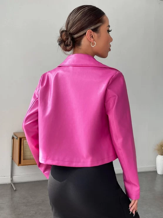 Zip Up Button Plain PU Moto Crop Jacket - Image 2