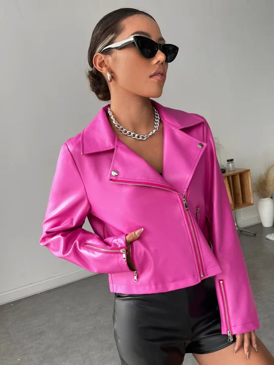 Zip Up Button Plain PU Moto Crop Jacket - Image 3
