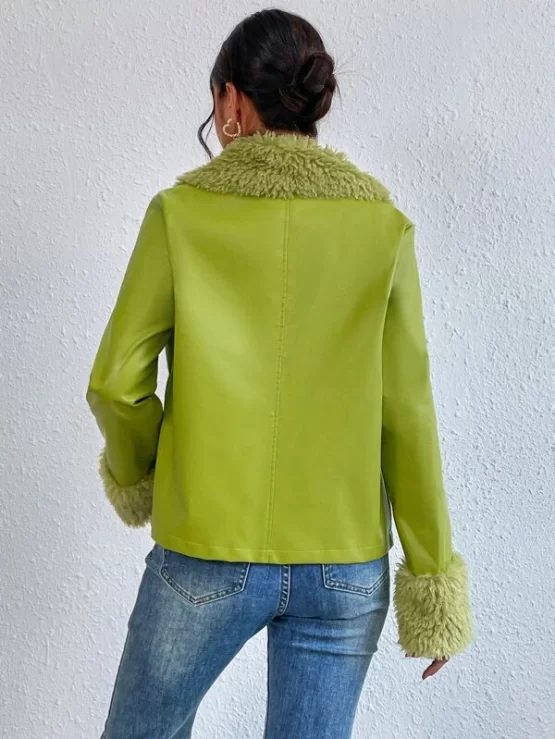 Fuzzy Collar Button Up PU Plaid Jacket - Image 2