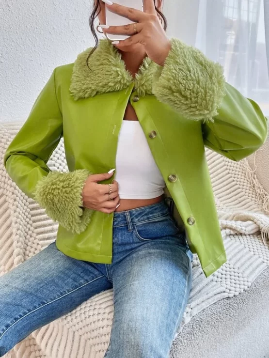 Fuzzy Collar Button Up PU Plaid Jacket - Image 3