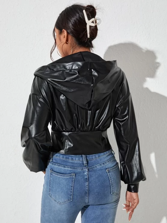 Drop Shoulder Corset Waist PU Hooded Jacket - Image 2