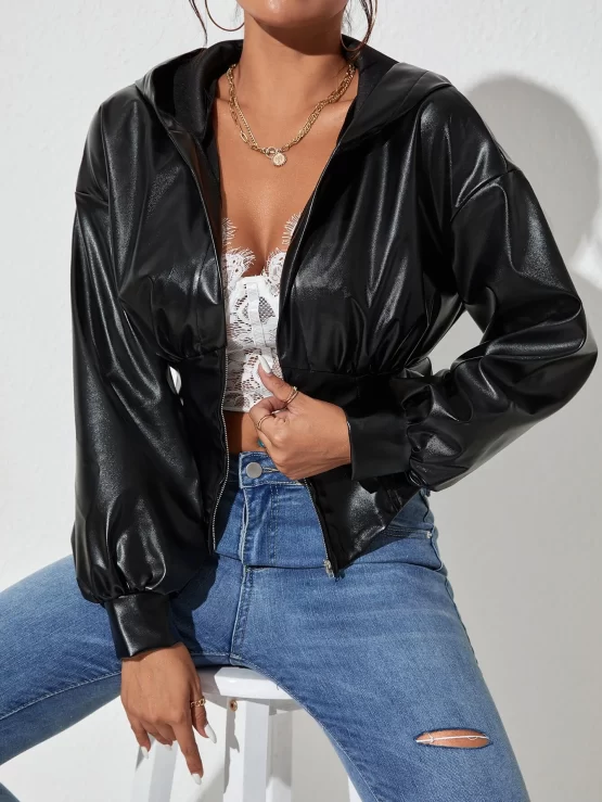 Drop Shoulder Corset Waist PU Hooded Jacket - Image 3