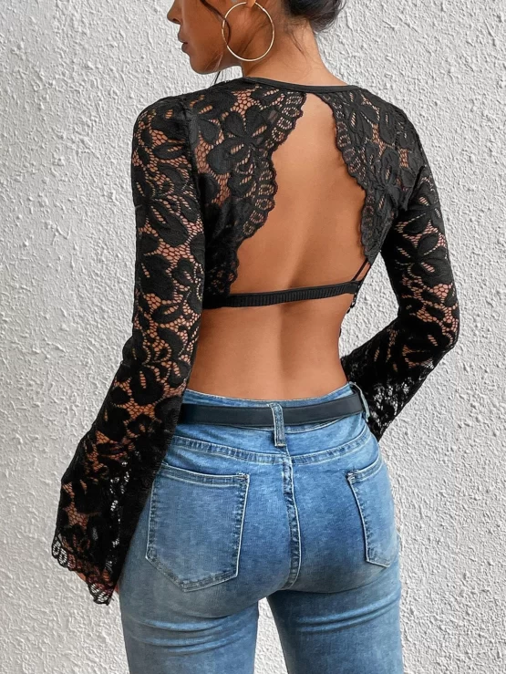 Backless Flounce Sleeve Sheer Lace Crop Top Without Bra - Image 3