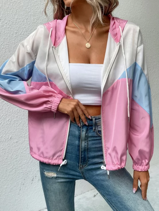 Cut And Sew Drawstring Windbreaker Hooded Jacket - Image 3
