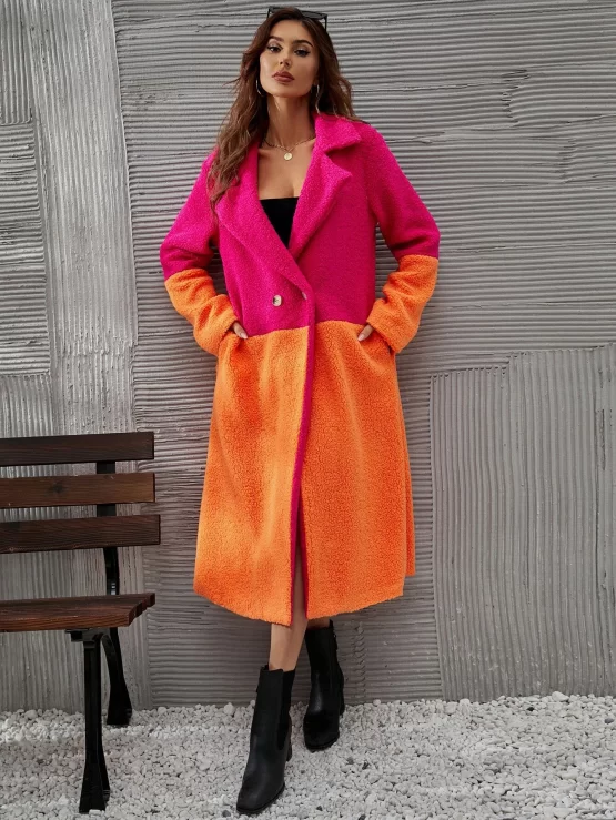 Two Tone Double Button Lapel Collar Teddy Coat - Image 2