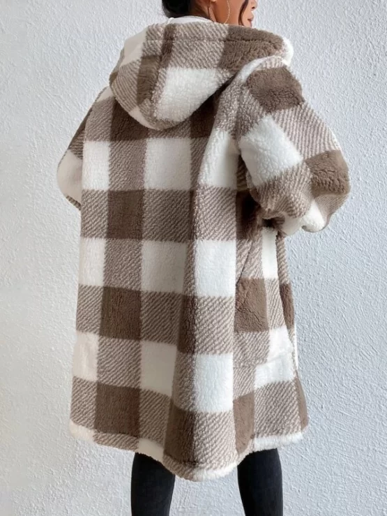 Buffalo Plaid Print Open Front Hooded Flannel Teddy Coat - Image 2