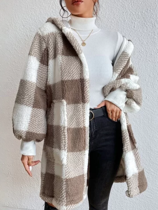 Buffalo Plaid Print Open Front Hooded Flannel Teddy Coat - Image 3