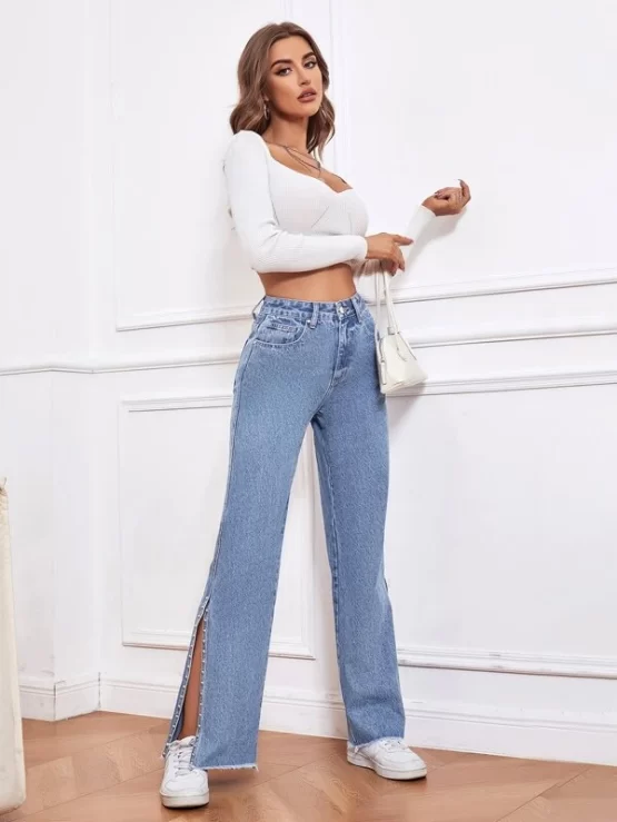 High Waist Studded Detail Split Hem Raw Cut Straight Leg Jeans - Image 2