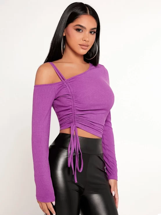 Asymmetrical Drawstring Ruched Side Neck Tee - Image 3
