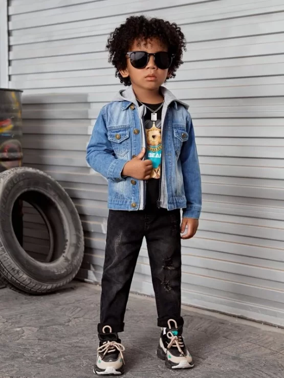 Toddler Boys Flap Pocket Hooded 2 In 1 Denim Jacket - Image 3