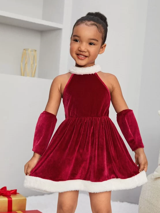 Toddler Girls Contrast Halter Trim Dress & Arm Sleeves - Image 3