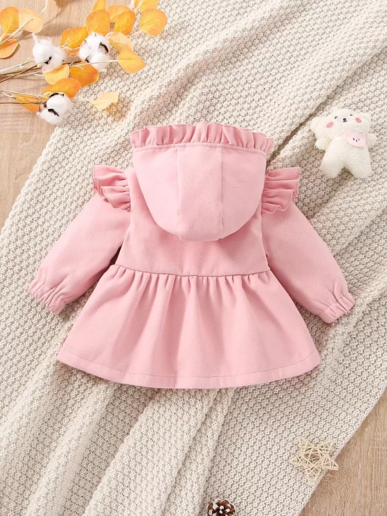 Baby Ruffle Button Front Trim Hooded Coat - Image 3