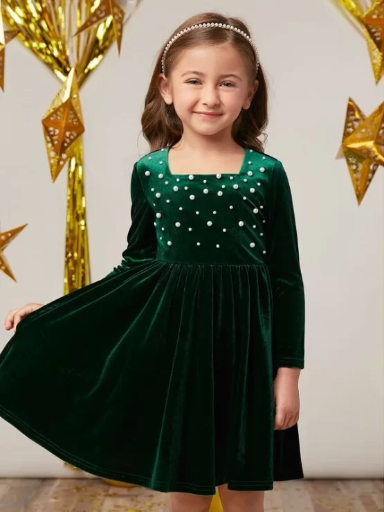 Toddler Girls Pearls Beaded Velvet Sleeve Dress - Image 3