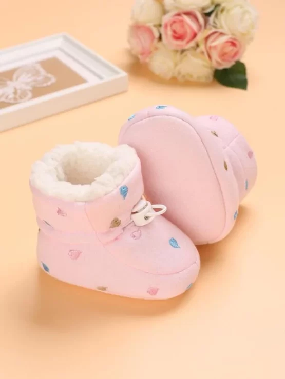 Baby Heart Embroidered Drawstring Design Thermal Lined Fluffy Boots - Image 4