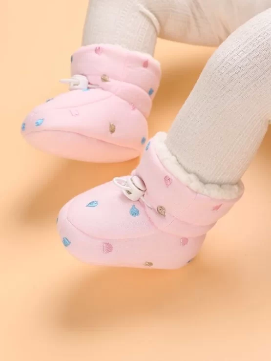 Baby Heart Embroidered Drawstring Design Thermal Lined Fluffy Boots - Image 5
