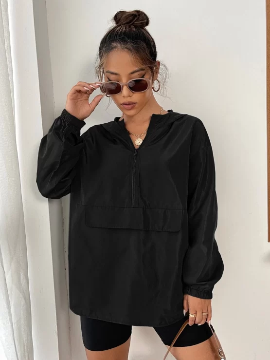 Drop Shoulder Zip Half Placket Wind Hooded Jacket - Image 3