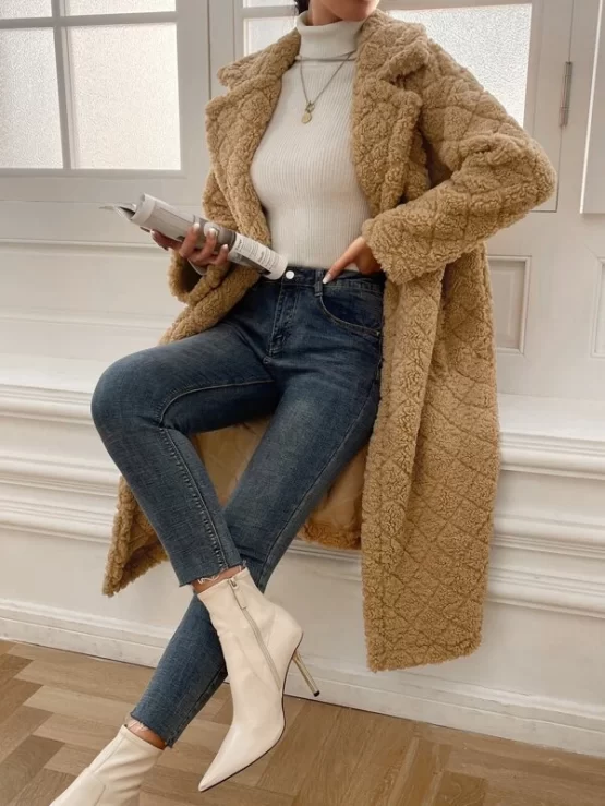 Lapel Neck Slant Drop Shoulder Pocket Teddy Coat - Image 3
