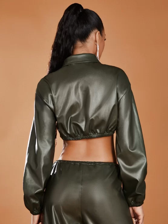 BAE Cut Out Lantern Sleeve Crop PU Leather Jacket - Image 2