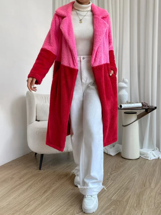 Two Tone Lapel Block Color Neck Teddy Coat - Image 3